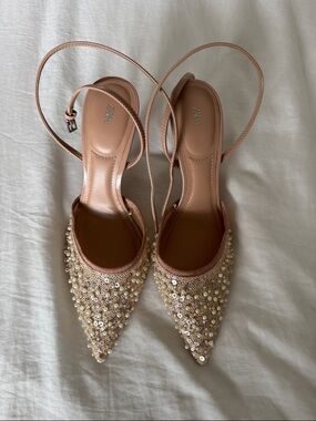Zara Blush Pearl & Sequin Pointed Slingback Flats